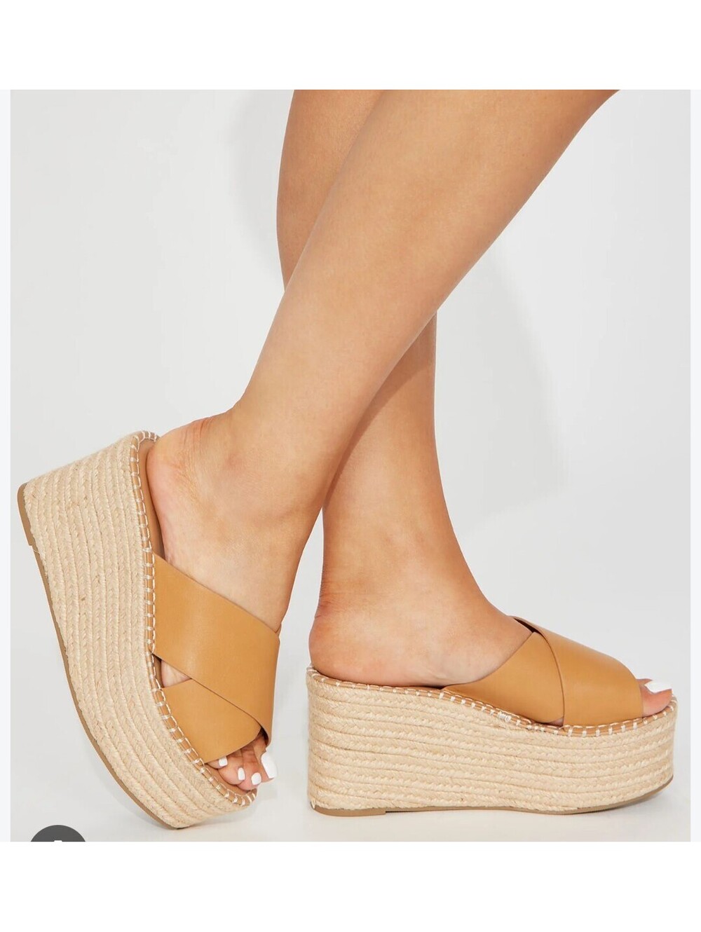 Soda Platform tan crisscross espadrille wedge slide sandals size 6.5 fall summer
